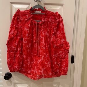 Karlie Red Floral Ruffle Tie-Front Blouse